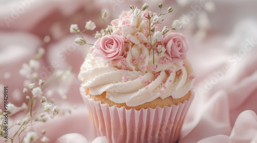Blushing Blooms Cupcake: A delicate pink cupcake adorned with buttercream frosting, delicate pink roses, and baby's breath, evoking a sense of sweetness and celebration. 