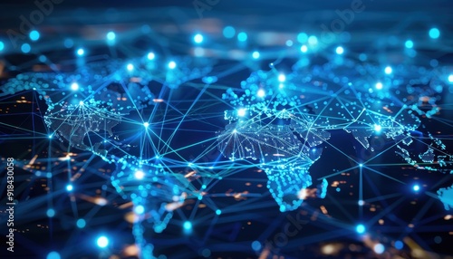 Global connectivity visualized with a network of bright nodes and lines across a digital world map, showcasing connections between continents at night