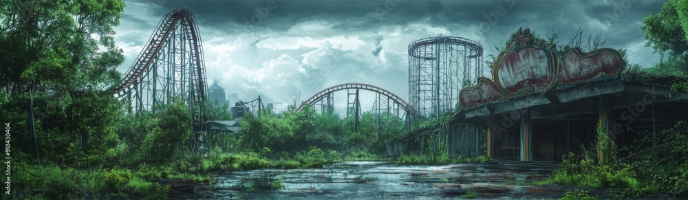 Obraz premium Deserted Amusement Park: An Anime-Style Illustration of Silent Roller Coasters and Carousels Amidst Overgrown Weeds,Abstract concepts, game concept art, storybook illustrations, comic strips