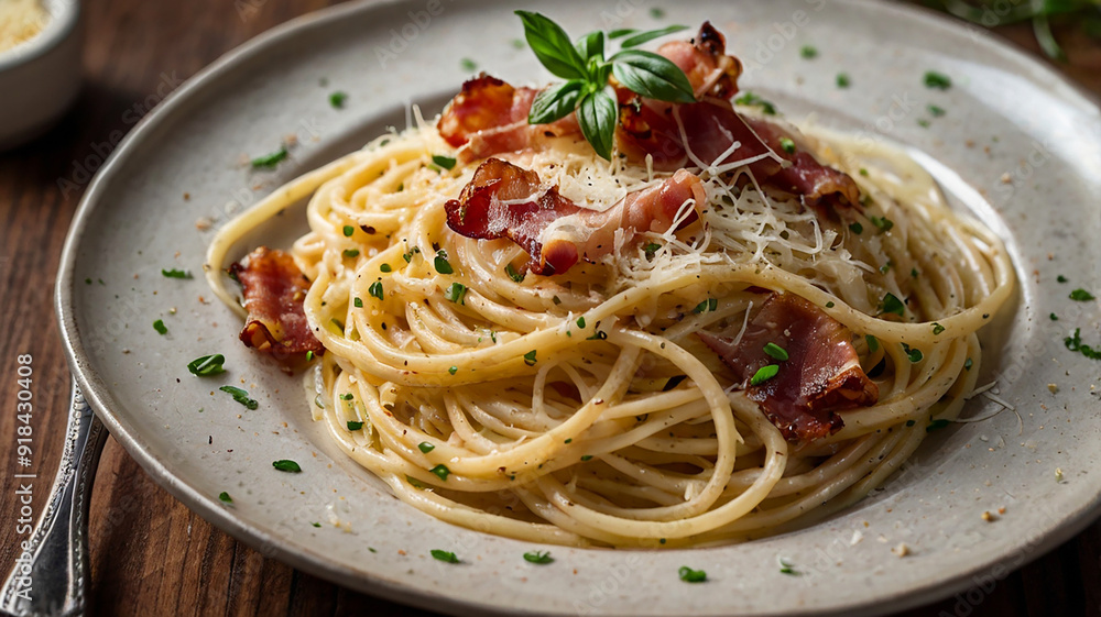 A Plate Of Creamy Spaghetti Carbonara Topped With Crispy Pancetta And Freshly Grated Parmesan Cheese, Restaurant Food Menu Image A Plate Of Creamy Spaghetti Carbonara Topped With Crispy Pancetta And Freshly Grated Parmesan Cheese, Restaurant Food Menu Image
