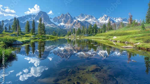 Mountain Lake Reflection: A serene mountain lake perfectly reflecting the surrounding peaks and trees, creating a peaceful and symmetrical natural scene. 