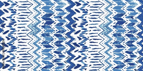 Summery ikat zig zag border pattern in painterly brushstroke digital design. Modern coastal living printed textile decor in seamless banner tape template. photo