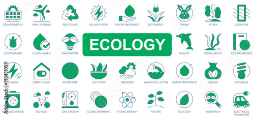 Ecology icons set in duotone outline stroke design for web. Pack pictograms of solar energy, wind turbine, recycling, resource, bio, fauna, flora, air clean, eco farming, other. Vector illustration.