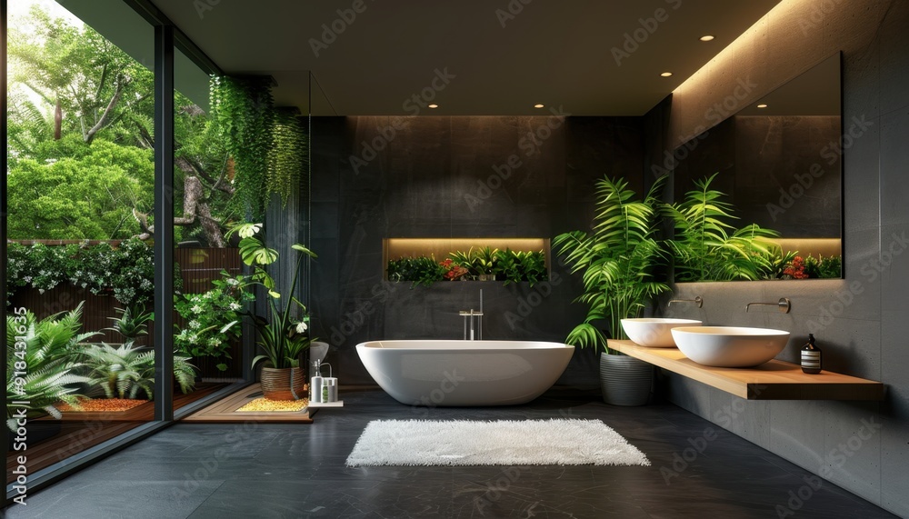 Modern bathroom with a freestanding tub and lush greenery in an urban home during daylight Modern bathroom with a freestanding tub and lush greenery in an urban home during daylight