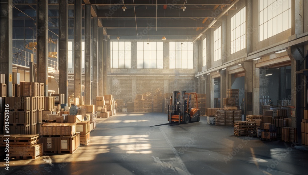 Bright daylight streams through windows in a large warehouse filled with wooden pallets and equipment during a quiet afternoon Bright daylight streams through windows in a large warehouse filled with wooden pallets and equipment during a quiet afternoon
