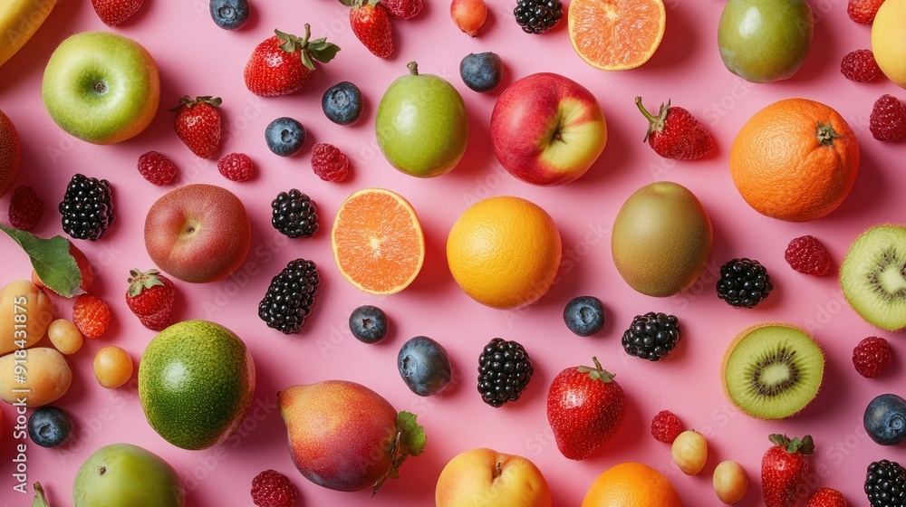 Flat lay of assorted fruits, captured from above, featuring a diverse array of colors and shapes, perfect for a healthy eating concept. Flat lay of assorted fruits, captured from above, featuring a diverse array of colors and shapes, perfect for a healthy eating concept.