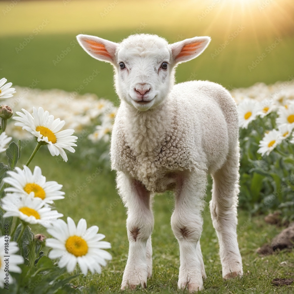 White sheep on green grass floral meadow White sheep on green grass floral meadow
