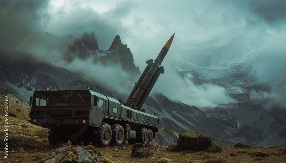 Military missile launcher positioned in mountainous terrain under dramatic skies during twilight hours Military missile launcher positioned in mountainous terrain under dramatic skies during twilight hours