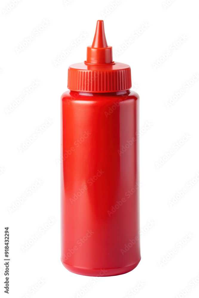 Red plastic ketchup bottle with no label, featuring a squeeze tip for easy dispensing, commonly used in kitchens and restaurants. Isolated on transparent background, png. Red plastic ketchup bottle with no label, featuring a squeeze tip for easy dispensing, commonly used in kitchens and restaurants. Isolated on transparent background, png.