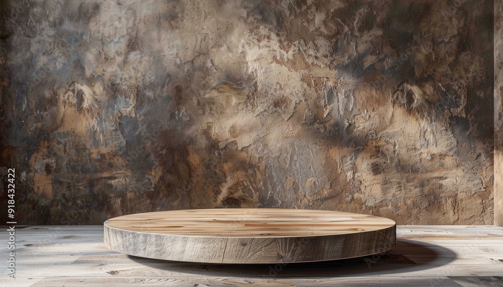 A circular wooden platform placed on rustic wooden flooring against a textured wall in a bright interior space A circular wooden platform placed on rustic wooden flooring against a textured wall in a bright interior space