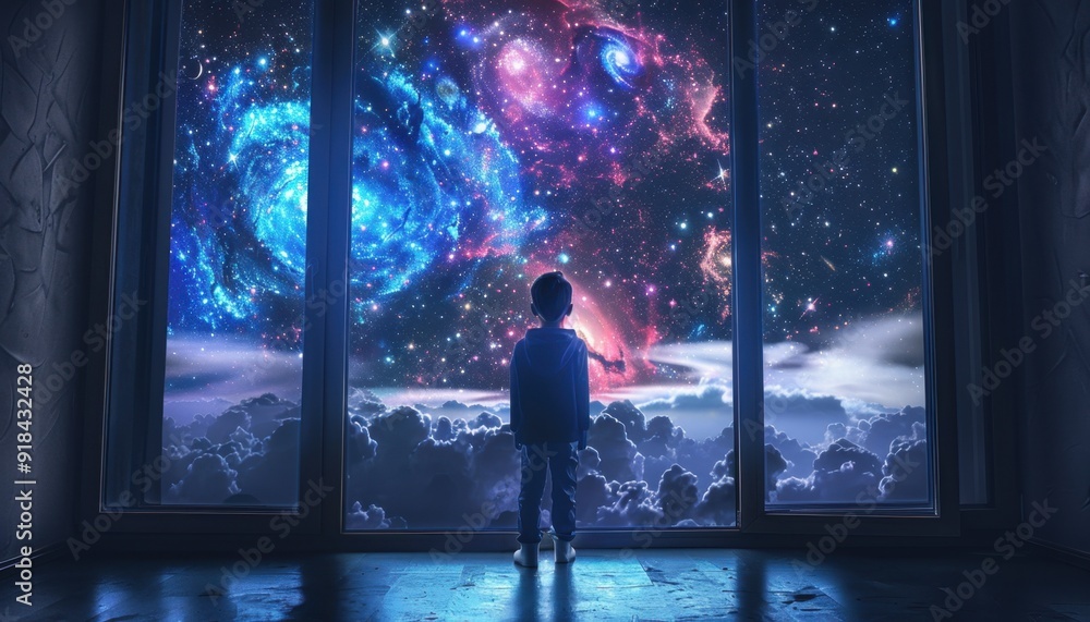 A child gazes at a starry galaxy from a cozy room with large windows A child gazes at a starry galaxy from a cozy room with large windows