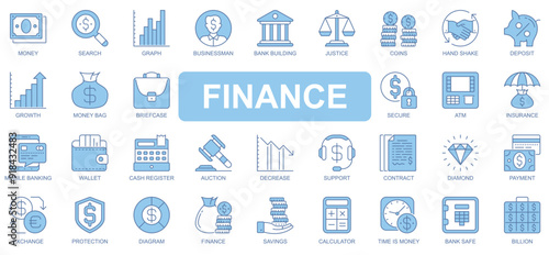 Finance icons set in duotone outline stroke design for web. Pack pictograms of money, search, graph, businessman, bank, justice, coins, handshake, deposit, briefcase, atm, other. Vector illustration.