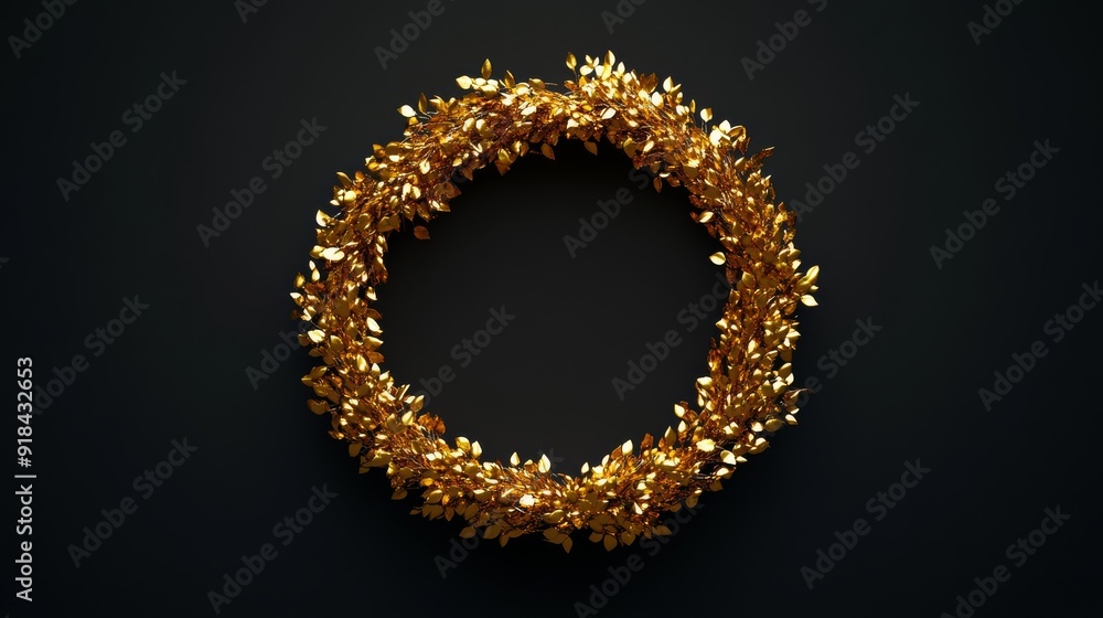 Obraz premium 3D rendering of a golden Christmas wreath made of gold on a black background y2k black background high detail hyper quality high texture detail