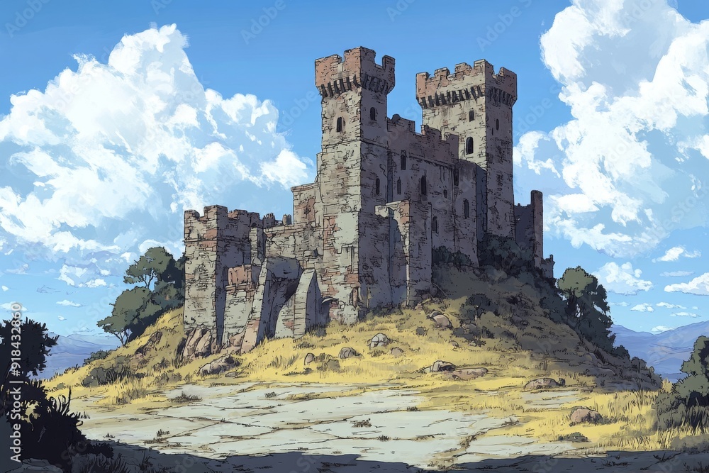 Fototapeta premium Deserted Ancient Castle on a Hill: A Solitary Anime-Style Fortress Amidst Barren Lands, Echoing the Tales of Ages Past,Abstract concepts, game concept art, storybook illustrations, comic strips