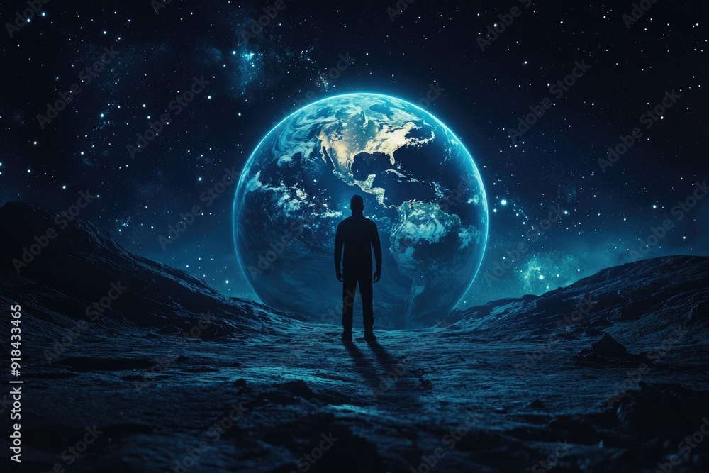 A Solitary Figure Stands Before a Glowing Earth in a Starry Night Sky A Solitary Figure Stands Before a Glowing Earth in a Starry Night Sky