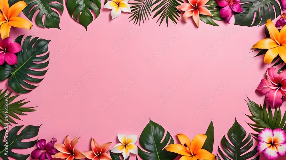Flat lay of tropical flowers and leaves arranged on a pink background, creating a vibrant and exotic composition. The colorful scene highlights the beauty and diversity of nature. Empty space place fo Flat lay of tropical flowers and leaves arranged on a pink background, creating a vibrant and exotic composition. The colorful scene highlights the beauty and diversity of nature. Empty space place fo