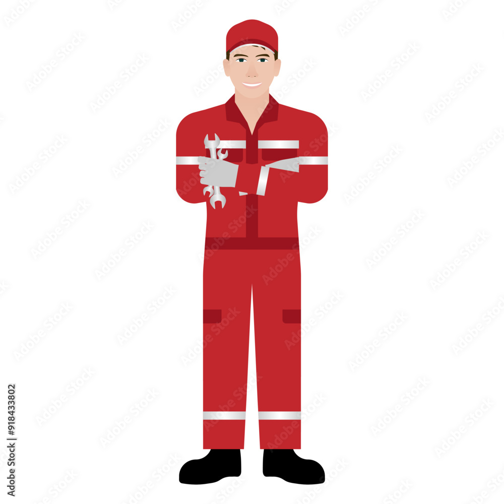 Car Mechanic or Automobile Mechanic. Man in Mechanic Uniform. Car Repair and Service Center. Car Maintenance. Vector Illustration. Car Mechanic or Automobile Mechanic. Man in Mechanic Uniform. Car Repair and Service Center. Car Maintenance. Vector Illustration.