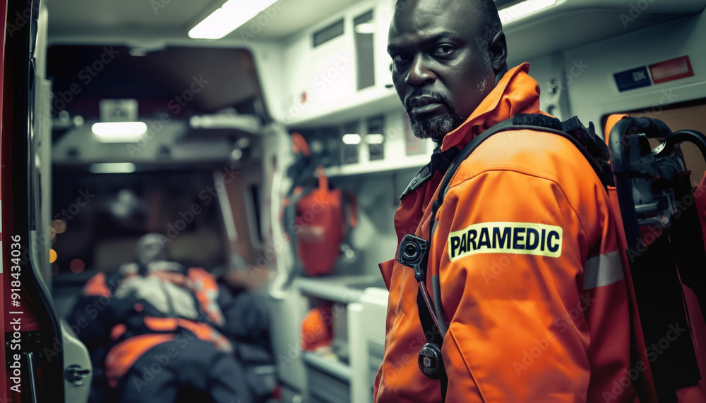 African black person in orange jacket - paramedic - assisting injured patient inside ambulance van. Generative AI African black person in orange jacket - paramedic - assisting injured patient inside ambulance van. Generative AI