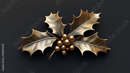 3D rendering of a minimalistic golden holly leaf with berries 80s style made of gold on a black background y2k high detail high quality high texture detail