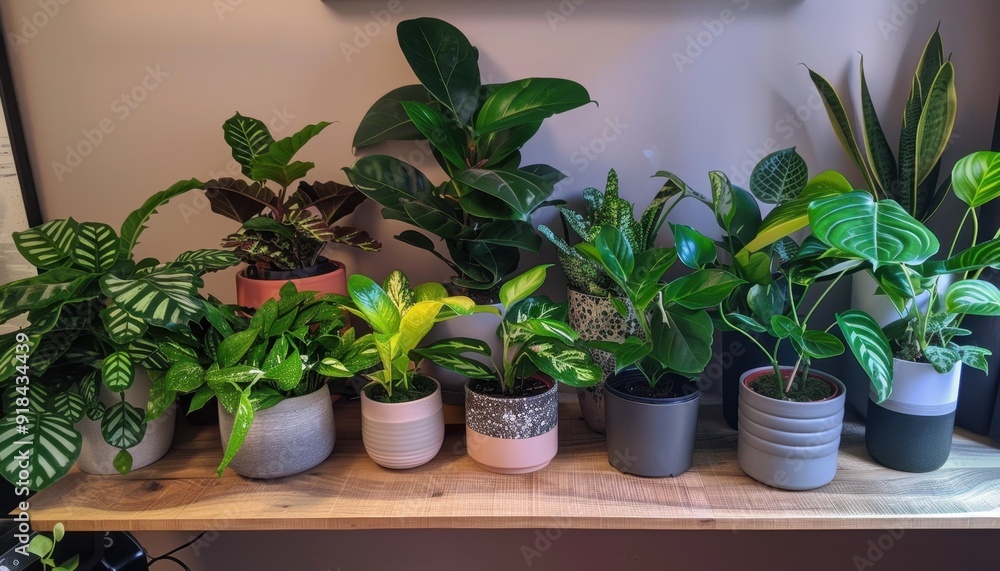 Indoor display of various houseplants on a wooden shelf in a cozy living space during daylight Indoor display of various houseplants on a wooden shelf in a cozy living space during daylight