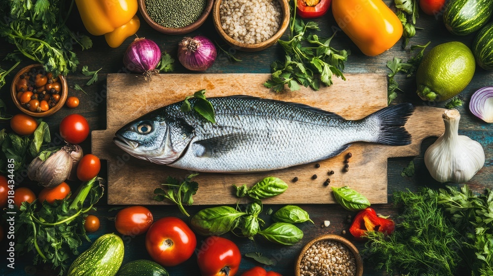 Fresh seabass fish surrounded by vibrant vegetables, grains, and herbs on a rustic wooden chopping board, perfect for a culinary background. Fresh seabass fish surrounded by vibrant vegetables, grains, and herbs on a rustic wooden chopping board, perfect for a culinary background.