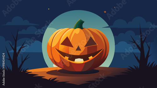 A cheerful cartoon pumpkin with a toothy smile set against a vibrant orange background, ideal for Halloween themes.