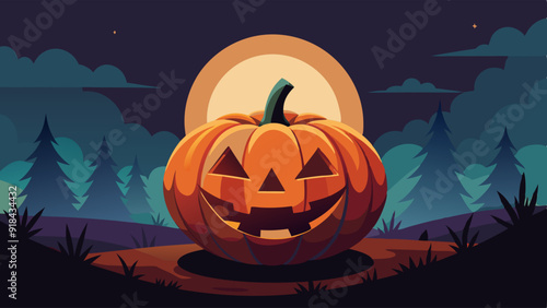 A friendly pumpkin smiles under a Halloween night sky, sitting in a spooky forest.