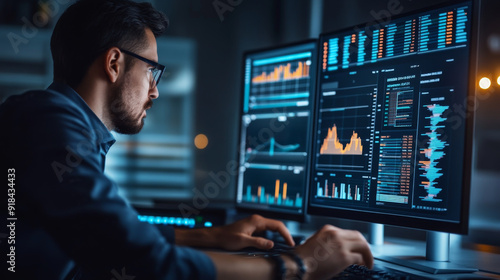 Data analyst working with a data analytics KPI dashboard.