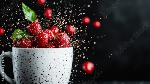 A delightful image of fresh raspberries splashing inside a white speckled mug, captured mid-motion with water droplets scattering around, emphasizing the freshness and vibrancy. photo