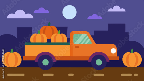 A vibrant scene depicting an orange pickup truck loaded with pumpkins on a moonlit Halloween night.