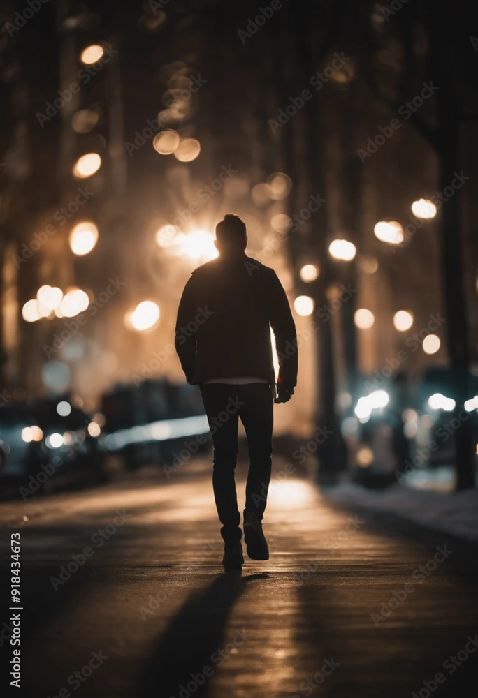 Silhouette of a person walking through the city at night. Silhouette of a person walking through the city at night.