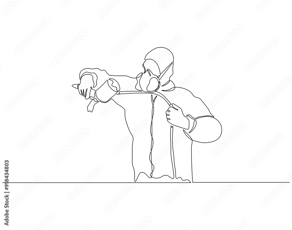 Fototapeta premium Continuous one line drawing of handyman using paint sprayer. One line drawing illustration of airbrush gun. Construction project, Home renovation concept vector design. Editable outline 