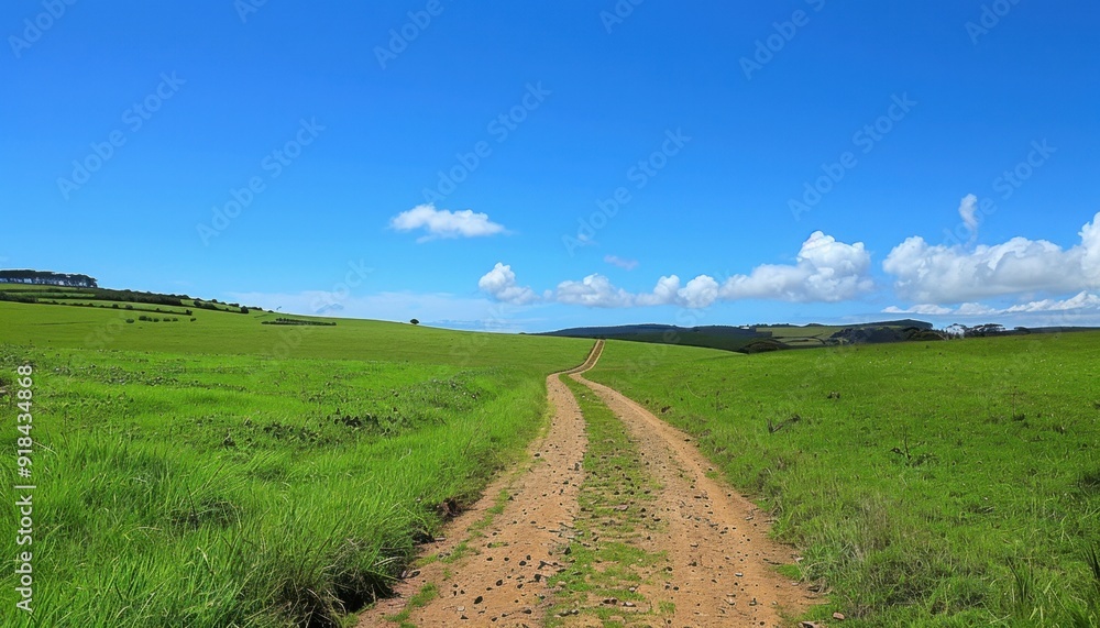 A winding dirt road cuts through lush green fields under a bright blue sky in the countryside A winding dirt road cuts through lush green fields under a bright blue sky in the countryside
