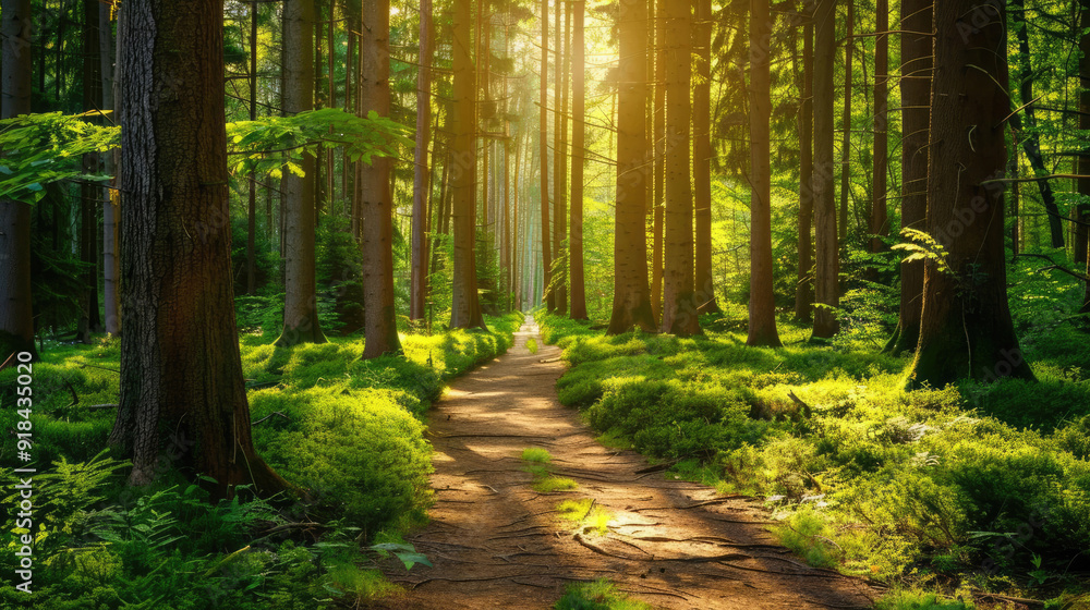 Fototapeta premium A serene forest path illuminated by sunlight, surrounded by tall trees and lush greenery, inviting a peaceful nature retreat.