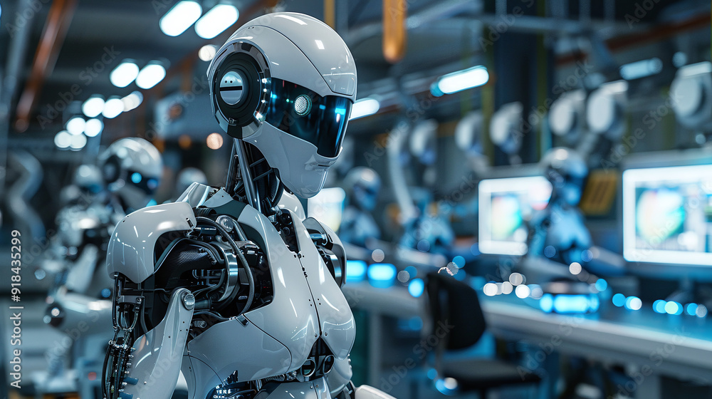 Sleek Android with Glowing Eyes in Futuristic Production Line Sleek Android with Glowing Eyes in Futuristic Production Line