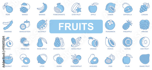 Fruits icons set in duotone outline stroke design for web. Pack pictograms of pear, mango, banana, pomegranate, apple, lemon, tamarind, mangosteen, jackfruit, persimmon, other. Vector illustration.