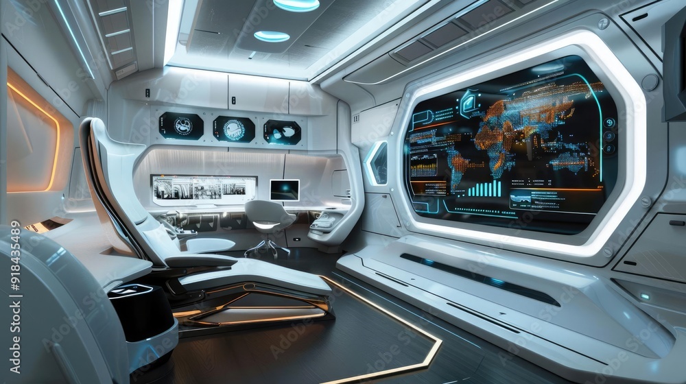 Fototapeta premium Futuristic interior of a space control room with advanced technology and sleek design, ideal for sci-fi and innovation themes.