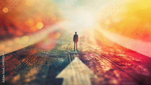 Close-up of a figure standing at the crossroads of two diverging paths, each leading to a different reality