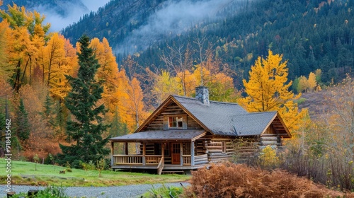 A cozy log cabin surrounded by vibrant autumn foliage and mountains, capturing the essence of tranquil nature and rustic charm.