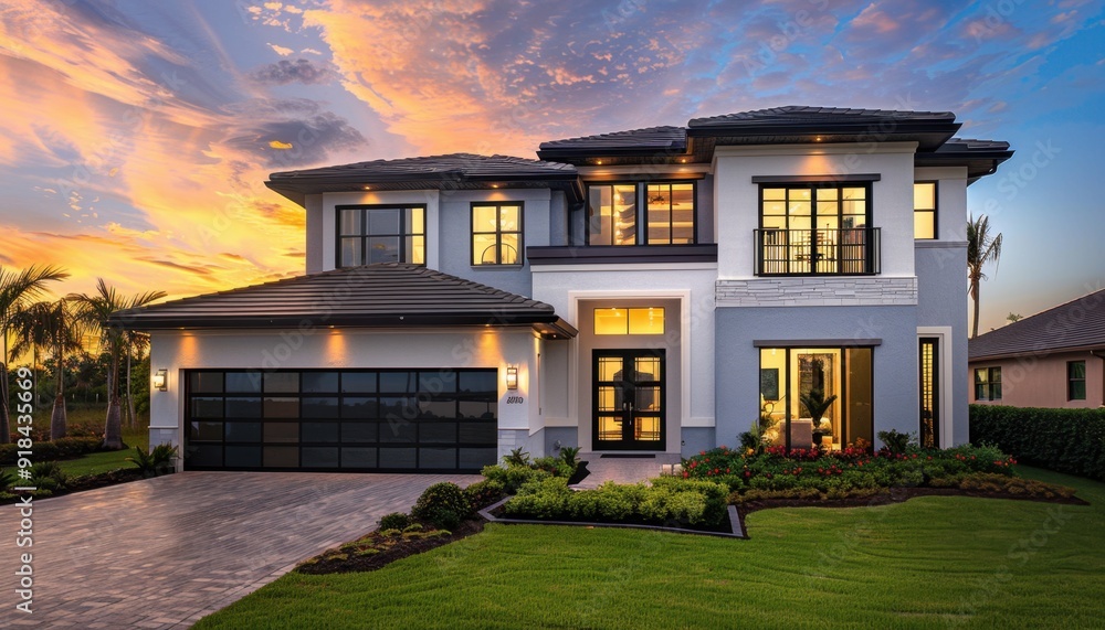 Modern two-story house with large windows at sunset in a suburban neighborhood Modern two-story house with large windows at sunset in a suburban neighborhood