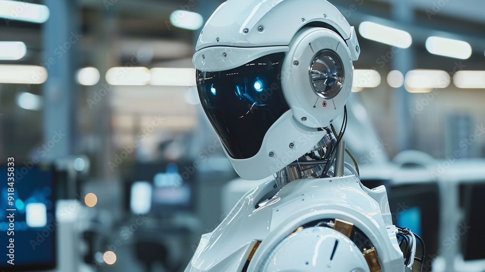 Advanced Robot with Sleek White Design in Futuristic Laboratory Advanced Robot with Sleek White Design in Futuristic Laboratory