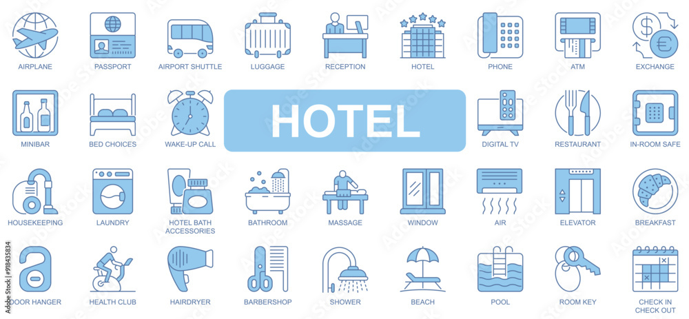Fototapeta premium Hotel icons set in duotone outline stroke design for web. Pack pictograms of airplane, passport, airport shuttle, luggage, reception, exchange, mini bar, bed, restaurant, other. Vector illustration.