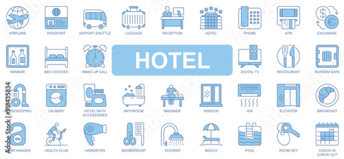 Hotel icons set in duotone outline stroke design for web. Pack pictograms of airplane, passport, airport shuttle, luggage, reception, exchange, mini bar, bed, restaurant, other. Vector illustration.