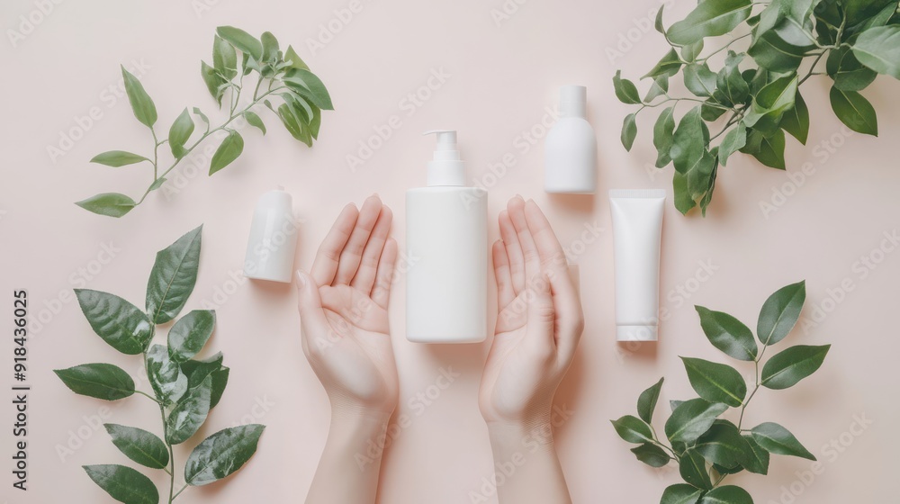 Female hands hold a set of skincare products including facial cleansing foam, cleanser, serum, moisturizer and skin lotion packaging. Female hands hold a set of skincare products including facial cleansing foam, cleanser, serum, moisturizer and skin lotion packaging.