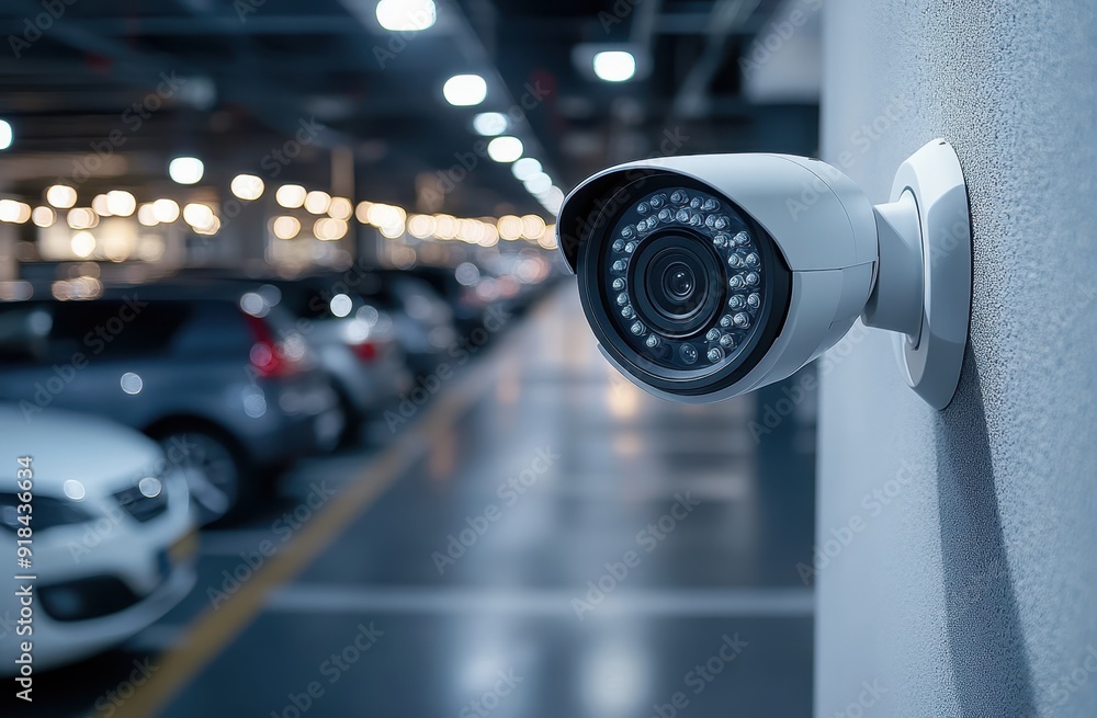 A close up of an indoor security camera mounted on the wall in front, with cars parked in the parking lot below. A close up of an indoor security camera mounted on the wall in front, with cars parked in the parking lot below.