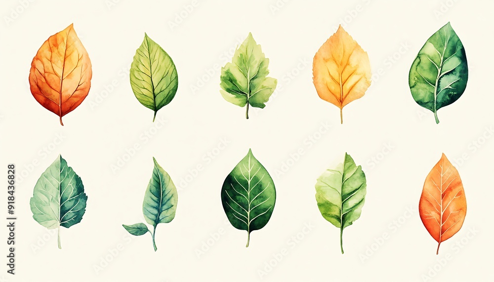 Obraz premium Watercolor illustration of leaves in different shades of green, yellow, and orange.
