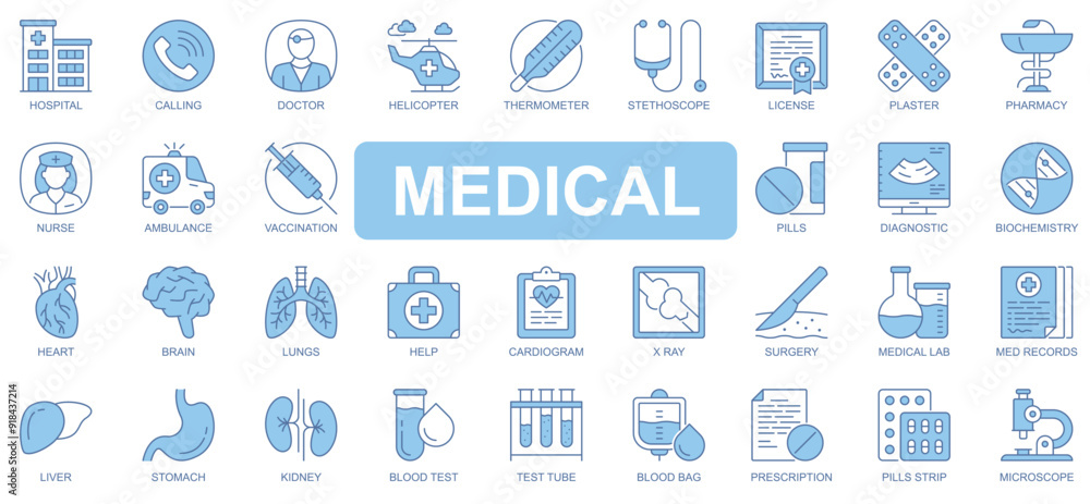 Fototapeta premium Medical icons set in duotone outline stroke design for web. Pack pictograms of hospital, doctor, helicopter, thermometer, stethoscope, license, pharmacy, nurse, ambulance, other. Vector illustration.