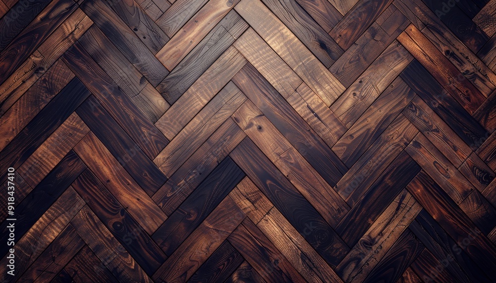 Herringbone pattern wood flooring in rich tones captured indoors with dramatic lighting Herringbone pattern wood flooring in rich tones captured indoors with dramatic lighting