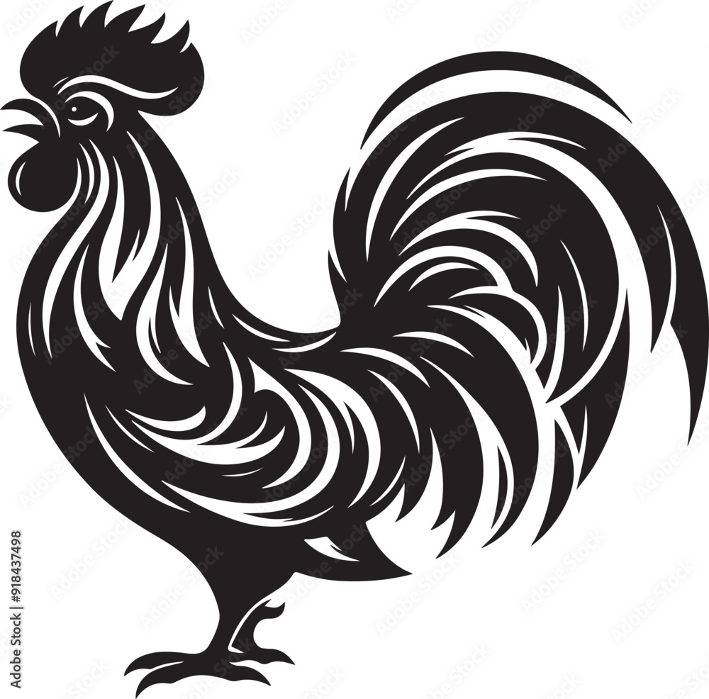 Obraz premium Chicken silhouette, Rooster black silhouette. Illustration vector graphic of rooster icon. Rooster logo. Color black and white. Tribal image of a rooster. Simple flat image