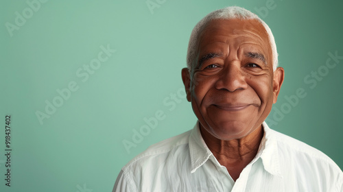 Elderly man smiling warmly against a soft green background